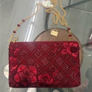 Mary Fances Burgundy Floral Beaded Clutch